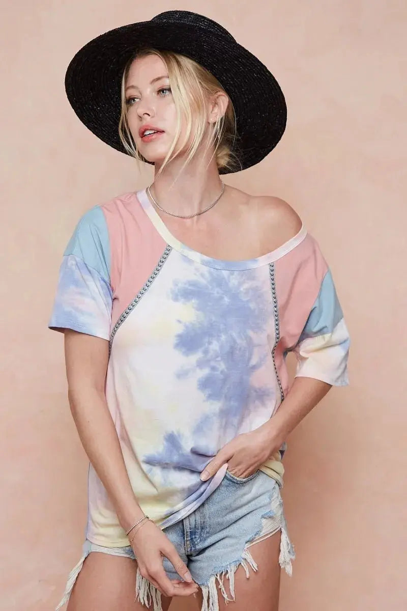 BiBi Tie Dye Printed Cotton Color Block T-Shirt for Women - Love Salve